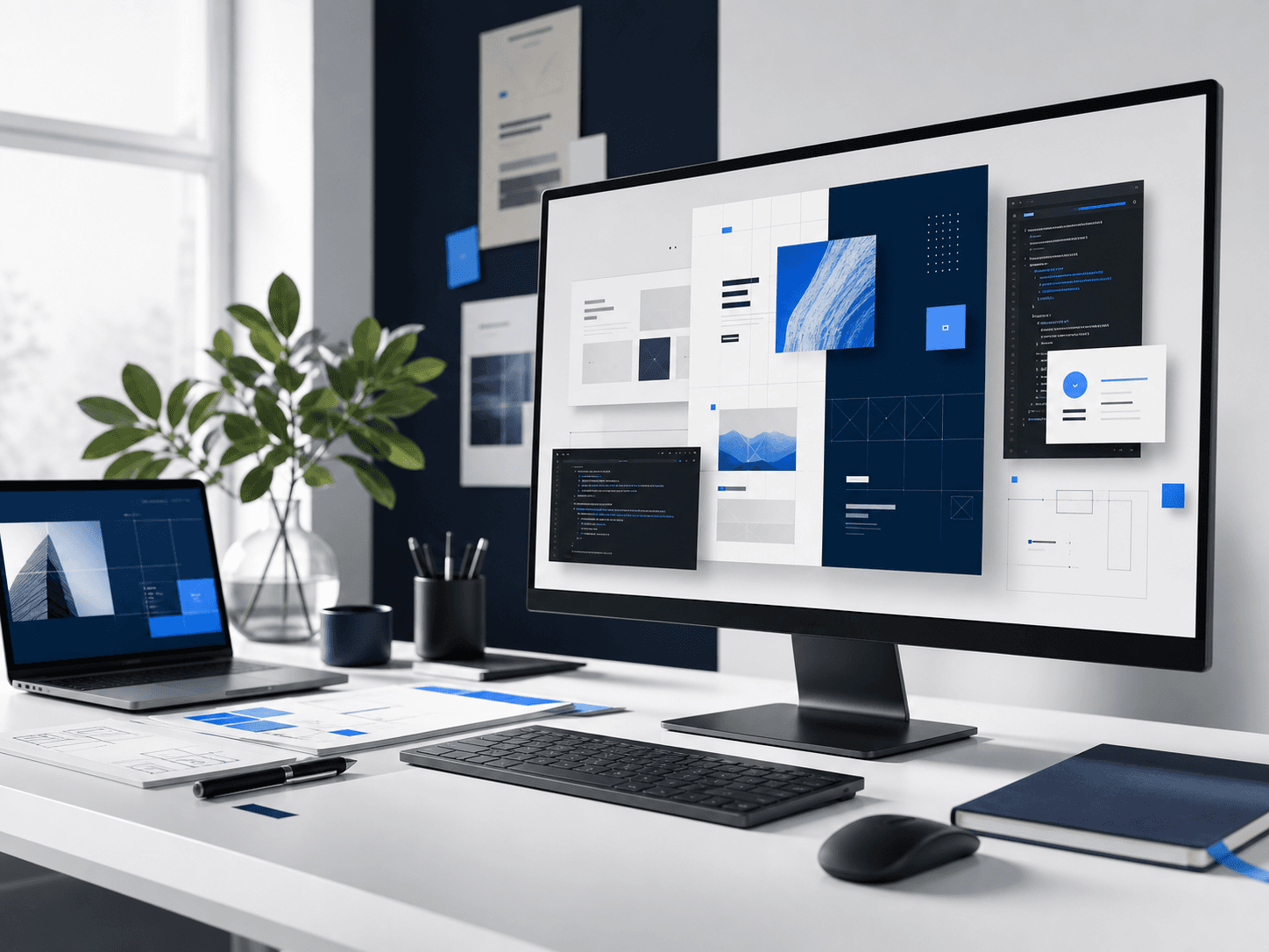 Modern web studio workspace with interface design and development screens